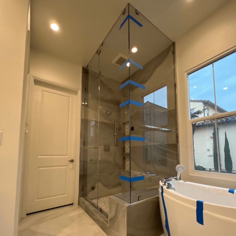 Floor to ceiling glass shower door installation and tint in Anaheim, CA