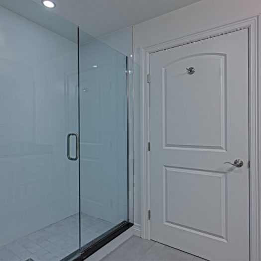 Frameless glass shower door with clear panel